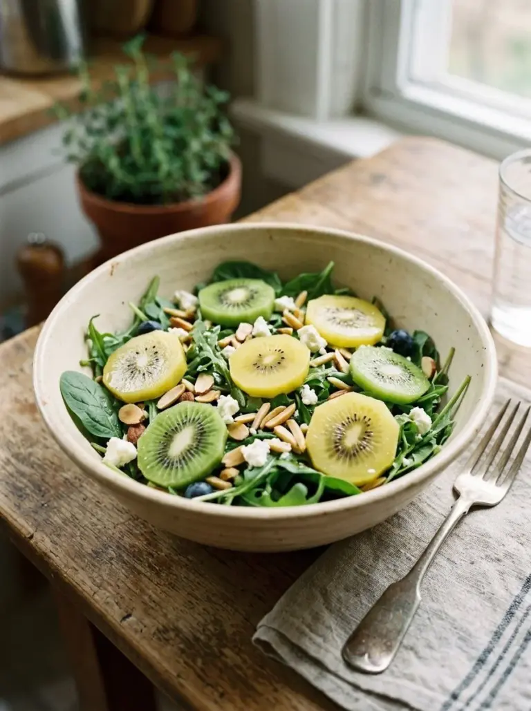 Fresh kiwi salad with greens and toppings for a healthy meal.