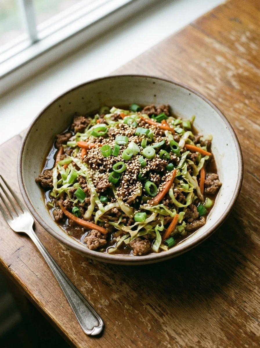 Low Carb Mongolian Ground Beef served with cabbage for a savory dish.