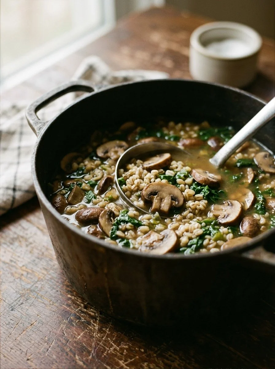 Bowl of delicious Mushroom Barley Soup garnished with herbs