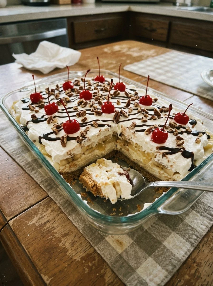 No-bake banana split cake layered with banana, chocolate, and whipped cream.