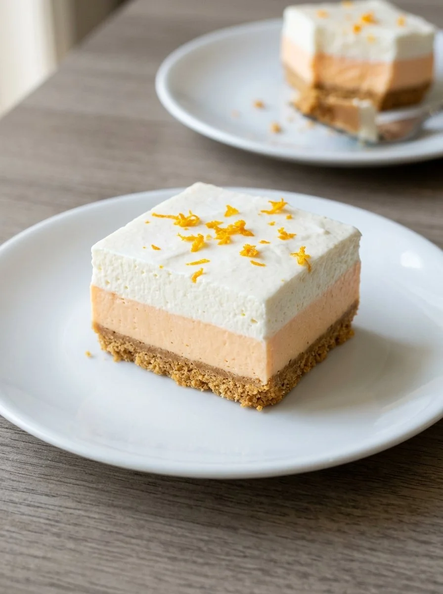 Delicious homemade orange creamsicle bars on a wooden plate.