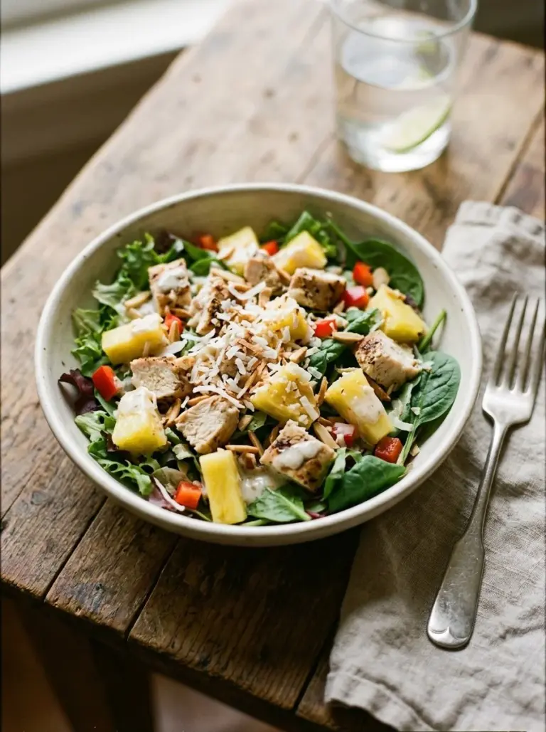 Delicious Pina Colada Chicken Salad served with tropical fruits