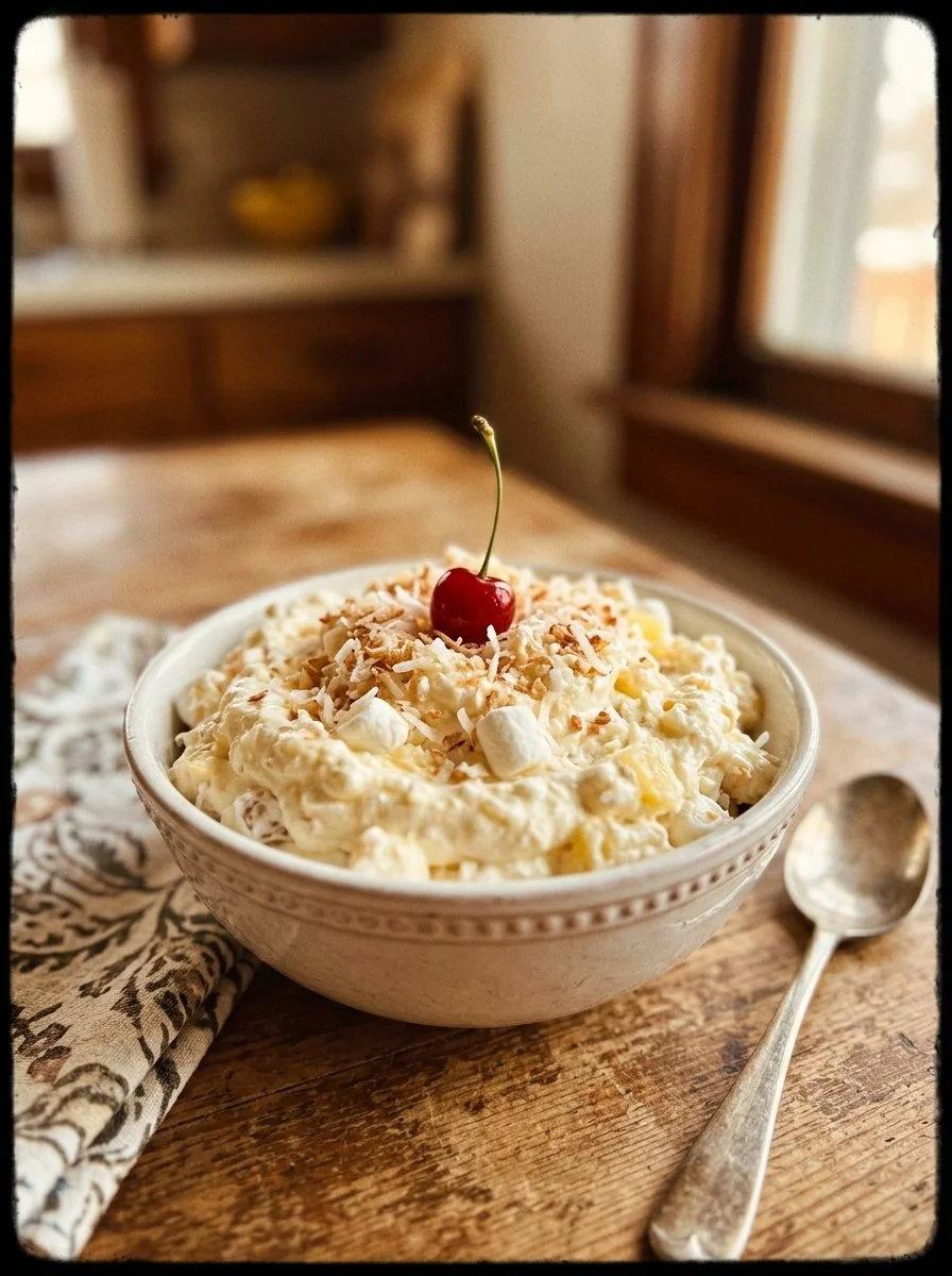 Delicious Pina Colada Fluff dessert served in a bowl with toppings.