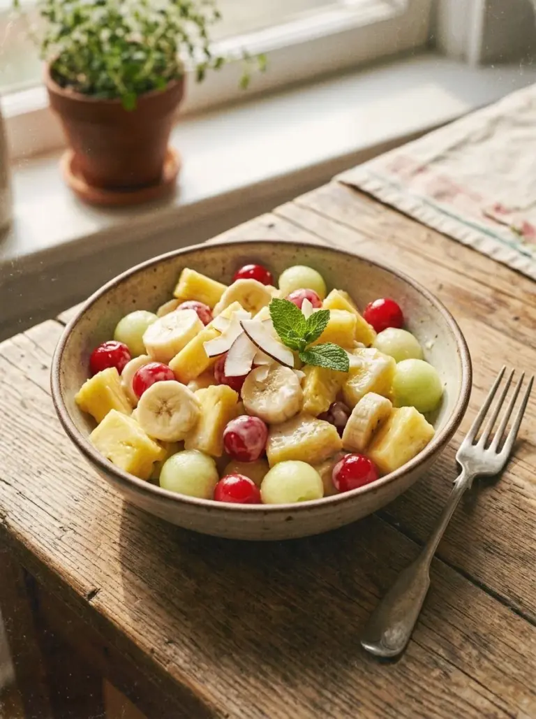 Refreshing Pina Colada fruit salad with tropical fruits and coconut.