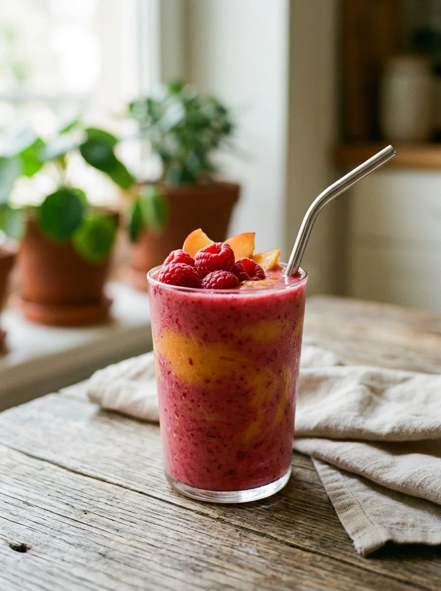 Delicious raspberry peach smoothie in a glass with fresh fruit ingredients