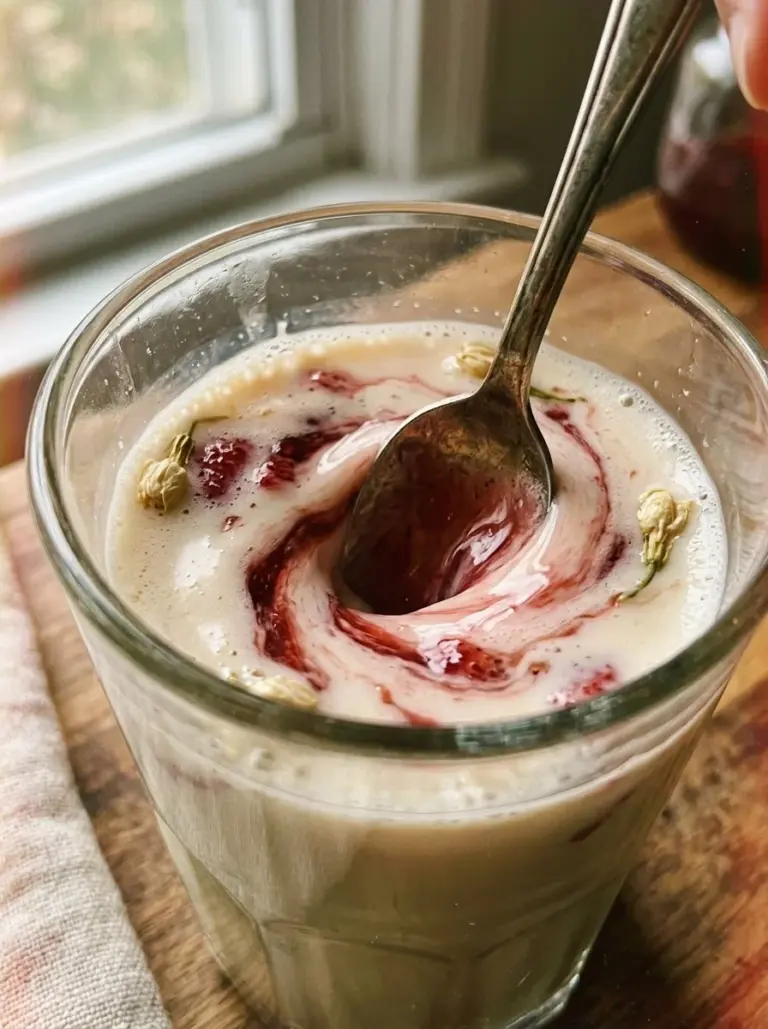 Refreshing Jasmine Tea Latte topped with strawberry syrup in a glass