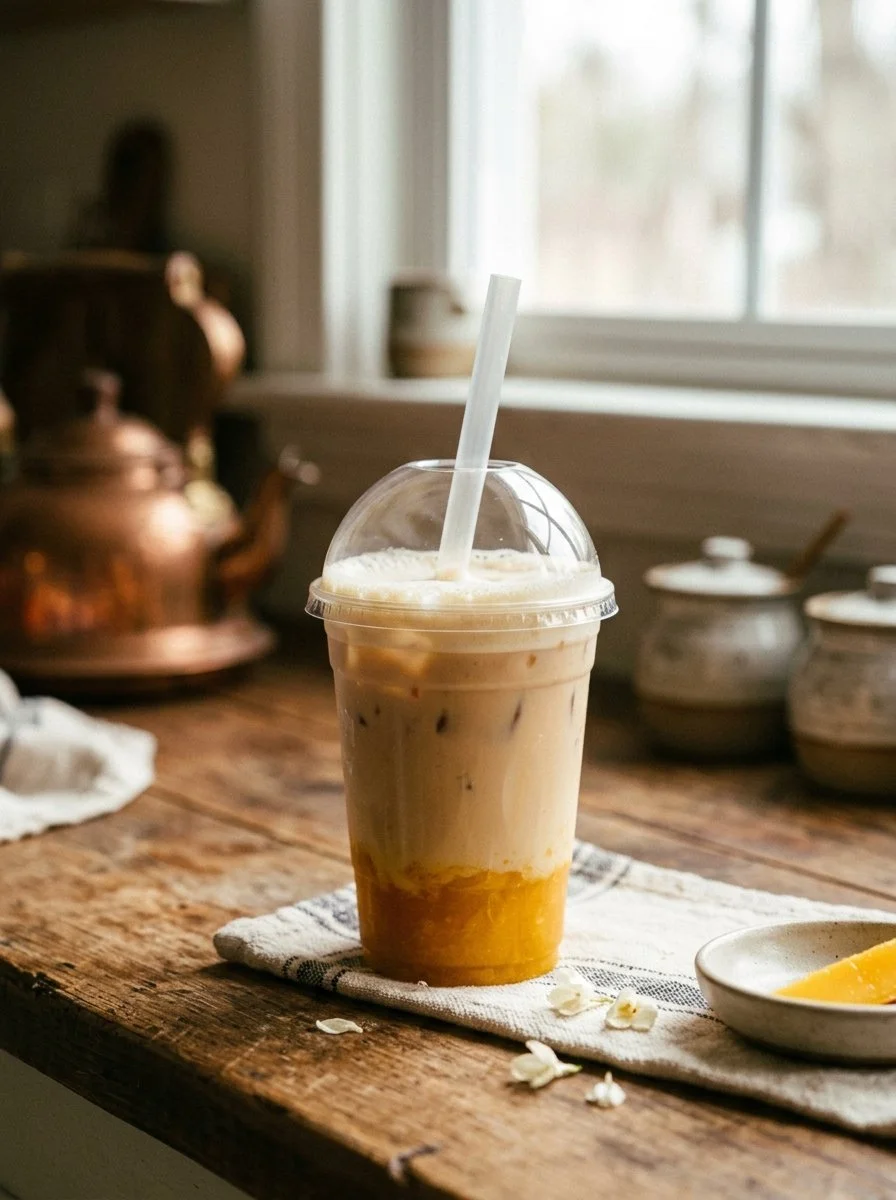 Refreshing mango jasmine milk tea served in a glass with fresh mango slices