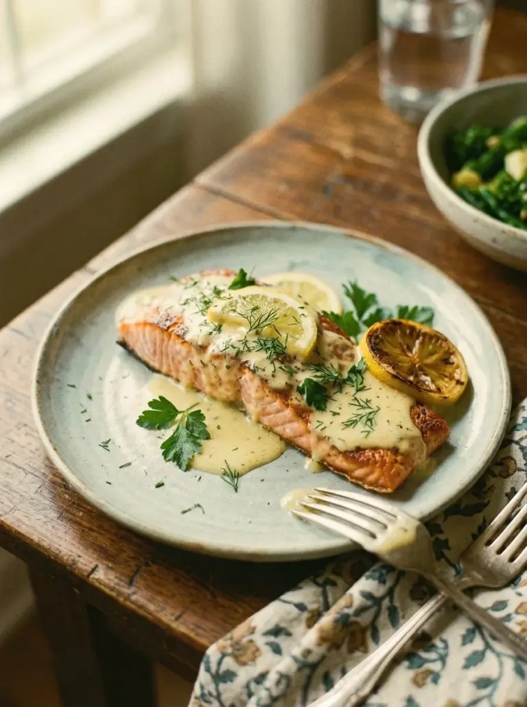 Baked salmon fillet topped with lemon butter cream sauce