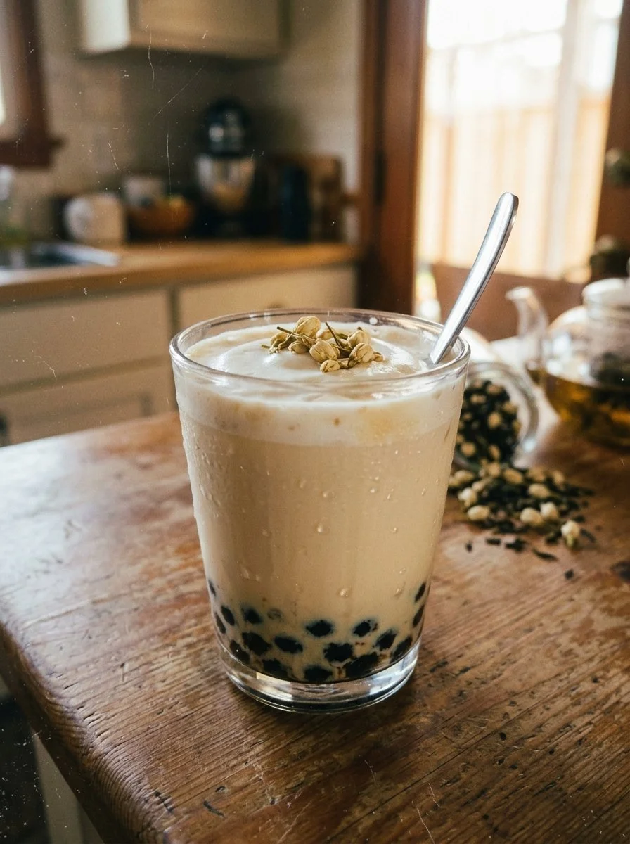 Homemade jasmine milk tea in a glass with ice and jasmine flowers